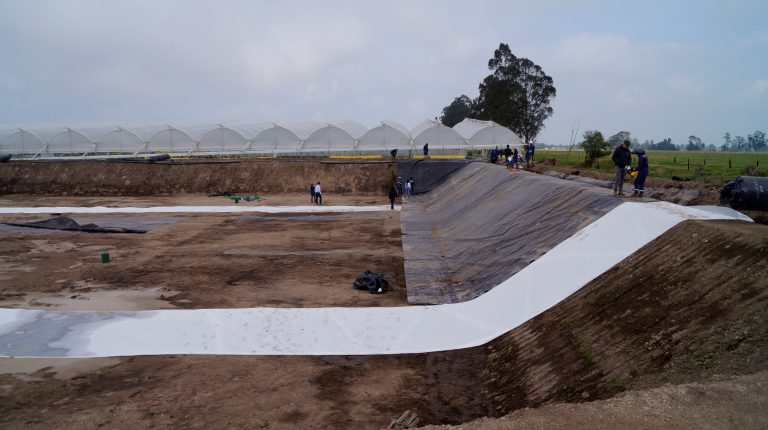 Instalación de geodrén blanco sobre el talud y el fondo de una excavación, con invernaderos al fondo
