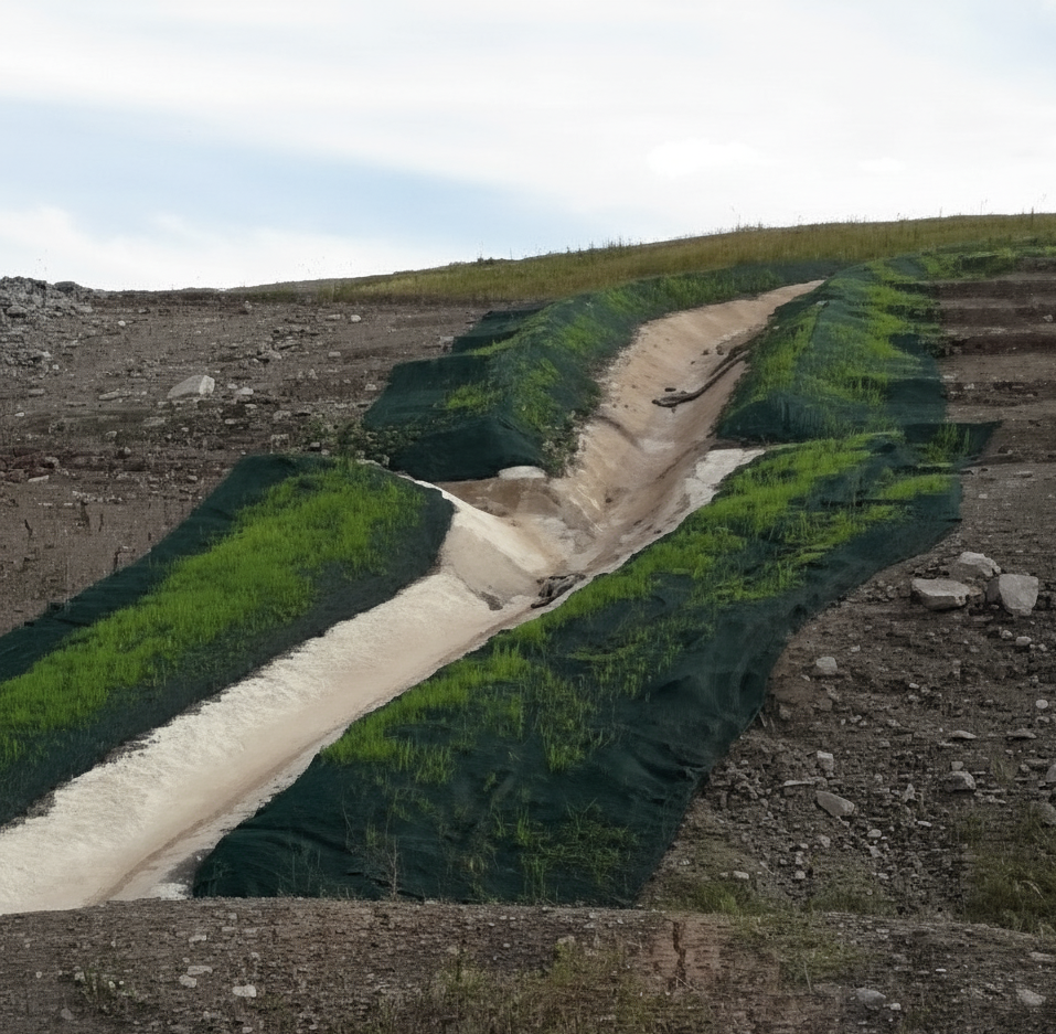 Canal revestido con concreto y taludes protegidos con manto TRM permanente verde y vegetación en crecimiento.