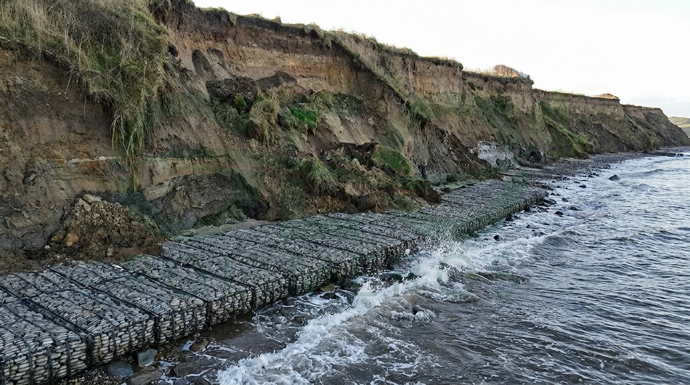 Línea costera protegida contra la erosión con geocolchones