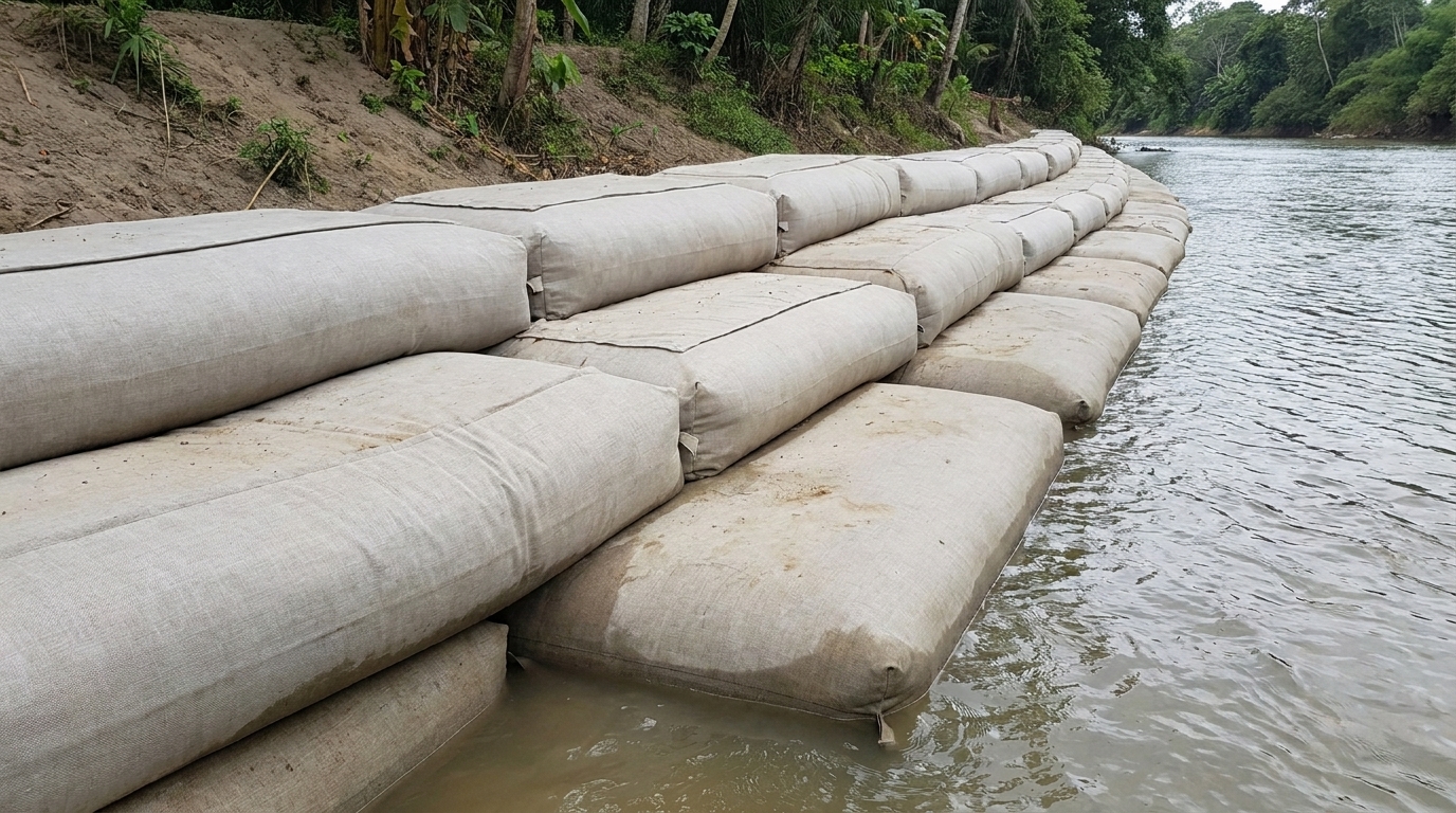 Defensa ribereña conformada con geocontenedores Trace GRyM llenos en la orilla de un río