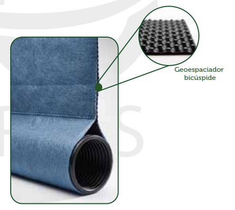 Geodrén bicúspide con geoespaciador de doble cúspide y geotextil azul