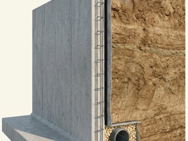 Geodrén en el trasdós de un muro de contención antes del relleno