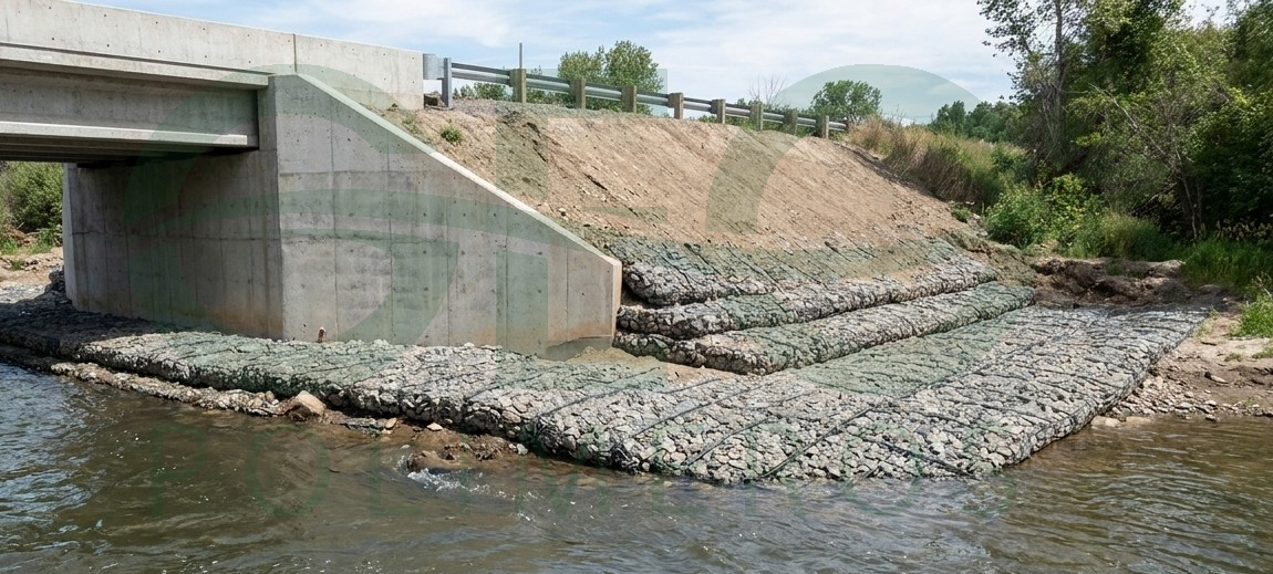 Estribo de puente protegido contra la socavación con geocolchones