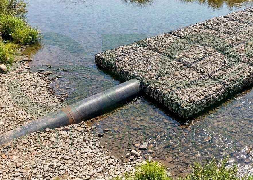 Cruce subfluvial de tubería protegido con geocolchones