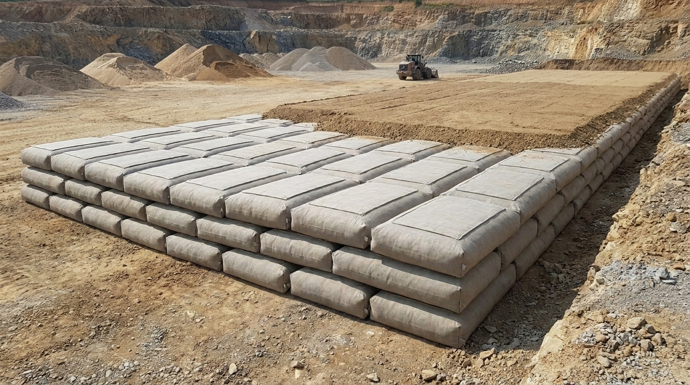 Geocontenedores llenos con material de cantera usados como relleno